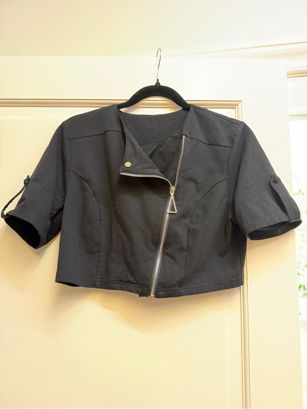 Black Cropped Moto Jacket - Women's Short Sleeve Zip